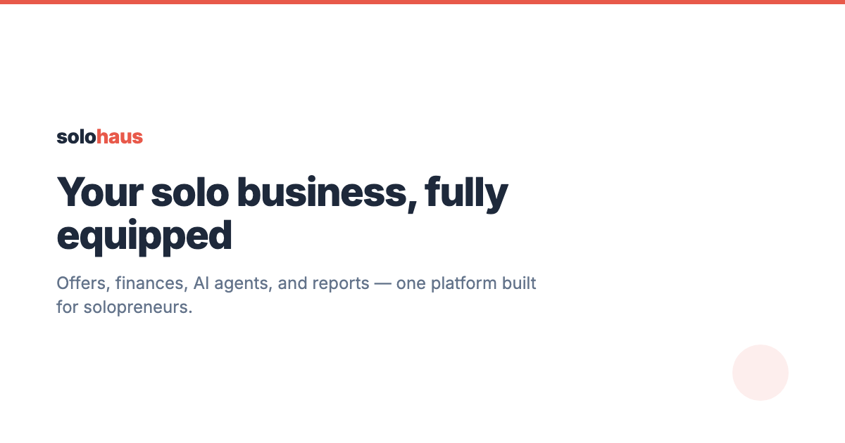 Solohaus preview card: the solohaus wordmark above the headline "Your solo business, fully equipped" and the line "Offers, finances, AI agents, and reports — one platform built for solopreneurs."
