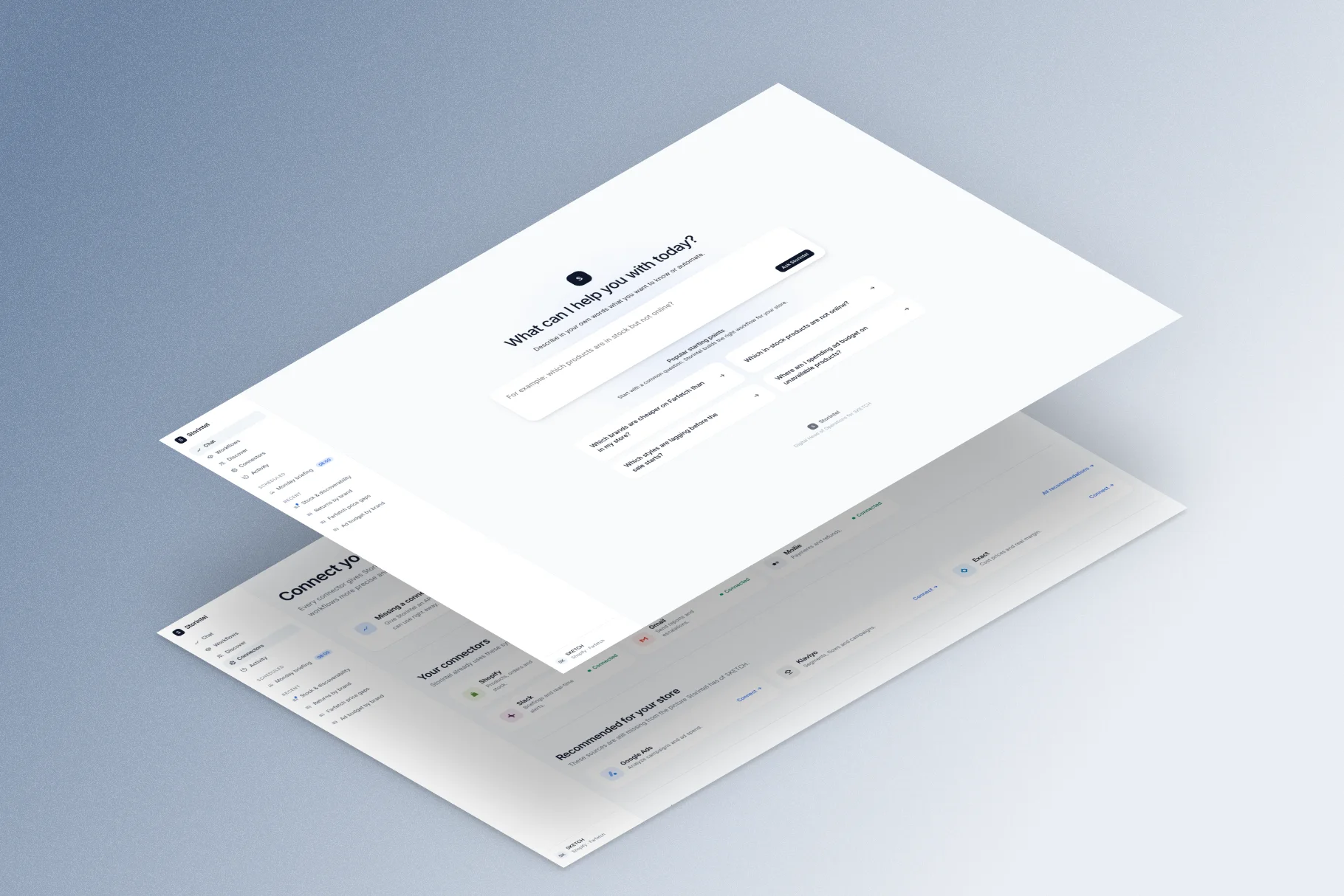 Storintel product screens in an isometric view: the chat workspace asking "What can I help you with today?" layered above the connectors overview.